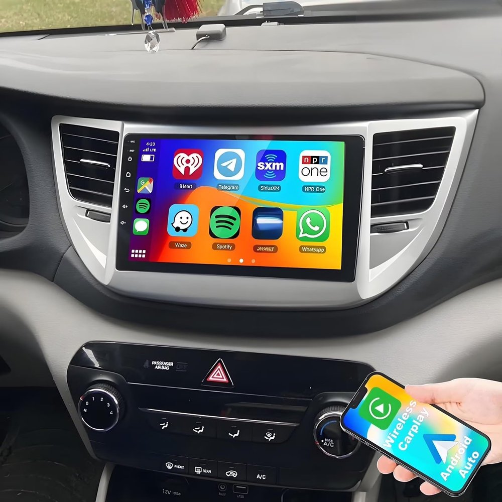 4G+64G Android 15 Double Din Car Stereo Upgrade Radio for Hyundai Tucson 2015-2019, 9" Touchscreen with Carplay Android Auto GPS WiFi Bluetooth RDS DSP SWC Mirrorlink Mic Backup Camera
