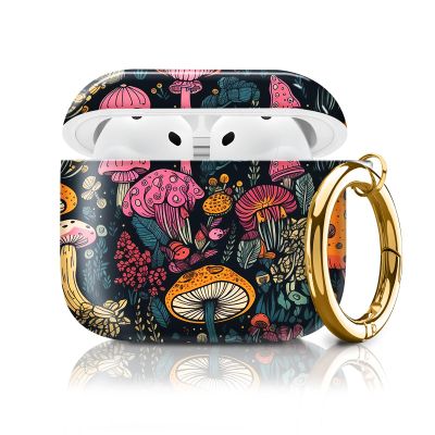 Cute Case Cover Compatible with AirPods 4th Generation 2024, Shockproof for Women & Girls with Cute Golden Round Buckle Protective, Anti-Drop Design(Cute Boho Mushroom)