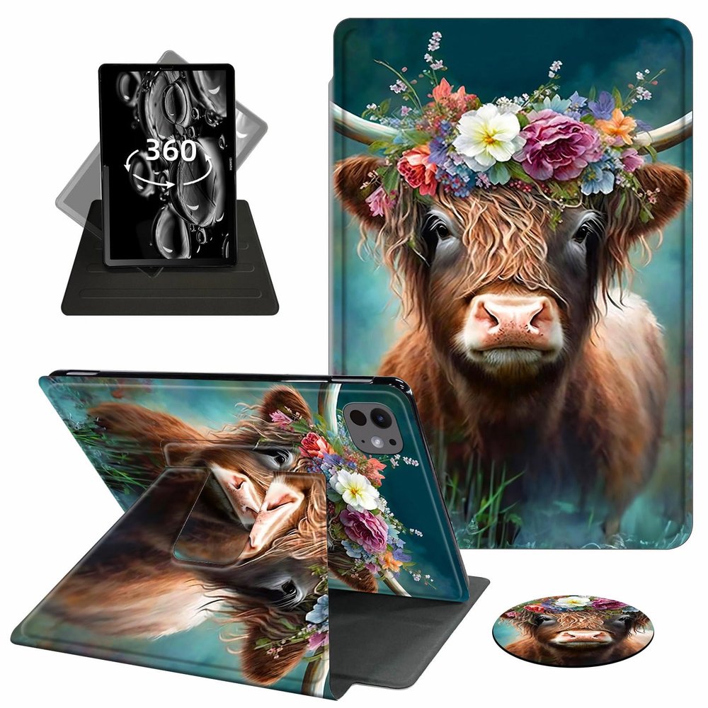 ACWDMKH for iPad Pro 13 Inch Case 2024 (M4),360 Degree Rotating Swivel PU Leather Stand Flip Folio Cover with Auto Wake/Sleep Case for iPad Pro 13 Inch 2024,Cute Highland Cow