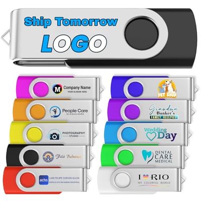 16GB 10Pcs Custom Personalized USB 3.0 Flash Drive, Bulk Promotional USB Thumb Drives with Metal Keychains, Printing Your Text & Logo on Double-Sided for Office/School/Company ADs/Photography