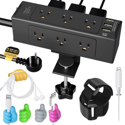 Desk Clamp Power Strip with USB C (20W PD) & USB A, 9 AC Outlets, Surge Protector, Flat Plug, 6.5ft Extension Cord Desk Mount Power Station with Cable Management Kit for Home & Office Black