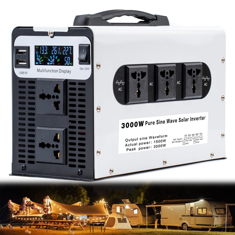 3000W Peak Pure Sine Wave Inverter Converter, DC Input 12V/24V/48V/60V/72V AC Output 110V/220V, Low Frequency Solar Power Inverter Converter with 3 Outlets for Home, Vehicles(Size:48V-220V)