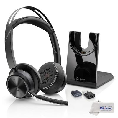 Poly Plantronics Voyager Focus 2 USB C Stereo Bluetooth Wireless Headset with USB-C Dongle and Charging Headset Stand - for Meetings, Teams, Zoom, Ringcentral, Mobile Phone Calls, PC, w/GTW Cloth