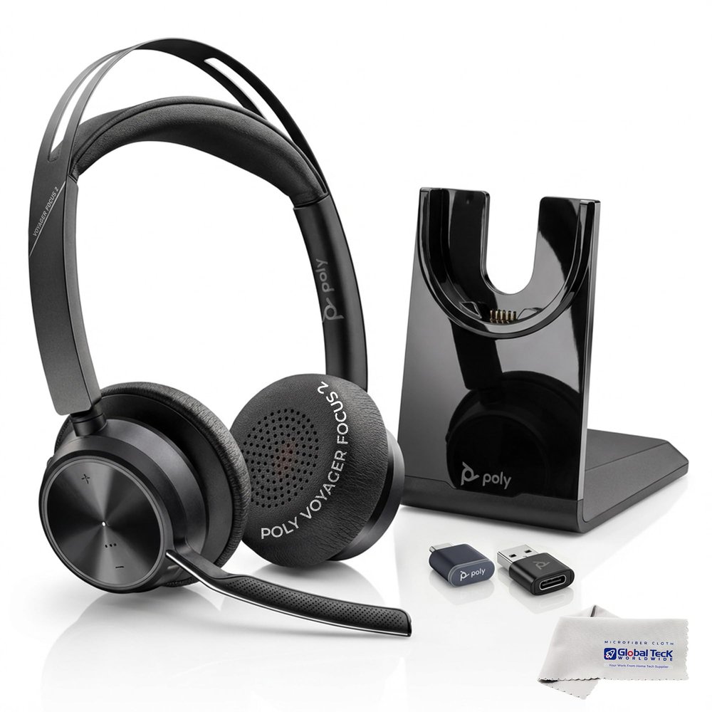 Poly Plantronics Voyager Focus 2 USB C Stereo Bluetooth Wireless Headset with USB-C Dongle and Charging Headset Stand - for Meetings, Teams, Zoom, Ringcentral, Mobile Phone Calls, PC, w/GTW Cloth