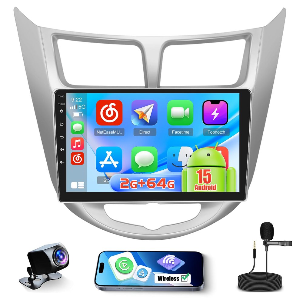 Android 15 Car Stereo for 2012-2017 Hyundai Accent Verna Solaris CarPlay Android Auto, 9 Inch Touch Screen for 2+64GB Accent Radio with GPS WiFi, Bluetooth FM/RDS EQ 26UI Backup Camera