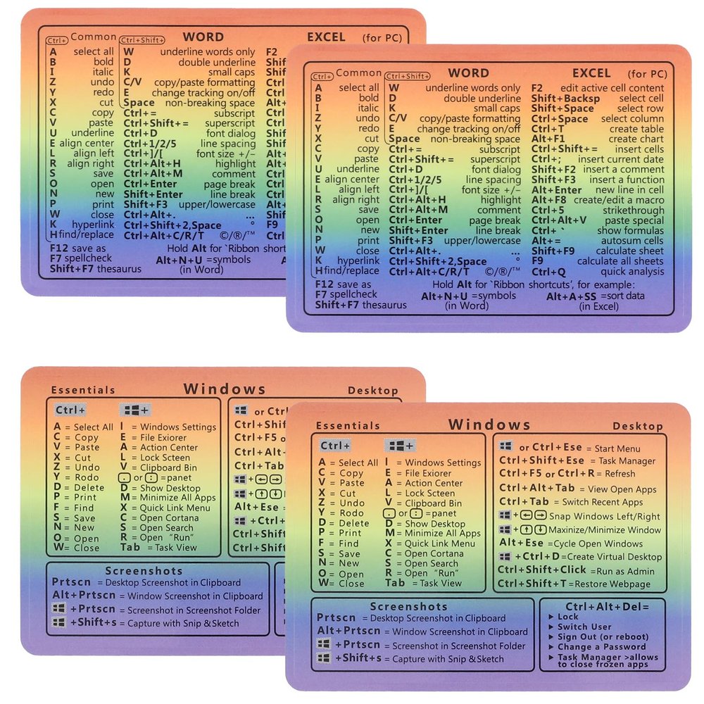 4pcs Windows Shortcut Sticker, Excel Cheat Sheet, Shortcut Stickers for Laptop, Reference Guide Keyboard Shortcut Sticker, Laptop Keyboard Stickers, Keyboard Shortcuts Cheat Sheet(Gradient)