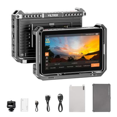 VILTROX DC-X2 6'' Touchscreen Camera Monitor with Rig Cage, 2000 nits 4K HDMI in/Out Video Field Monitor Kit with Sunshade Hood, 3D LUT, Waveform, Histogram & Vectorscope Tools, Black