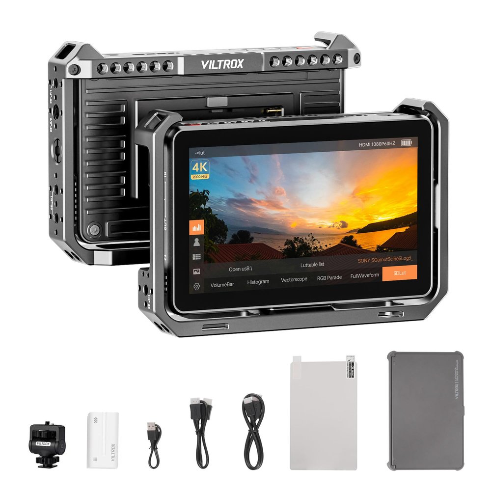 VILTROX DC-X2 6'' Touchscreen Camera Monitor with Rig Cage, 2000 nits 4K HDMI in/Out Video Field Monitor Kit with Sunshade Hood, 3D LUT, Waveform, Histogram & Vectorscope Tools, Black