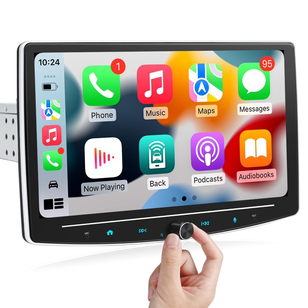 10" Single Din Car Stereo Touchscreen Radio with Wireless Apple CarPlay Android Auto, Backup Camera, Bluetooth, GPS Navigation, Netflix, YouTube, Voice Control & HD QLED Display