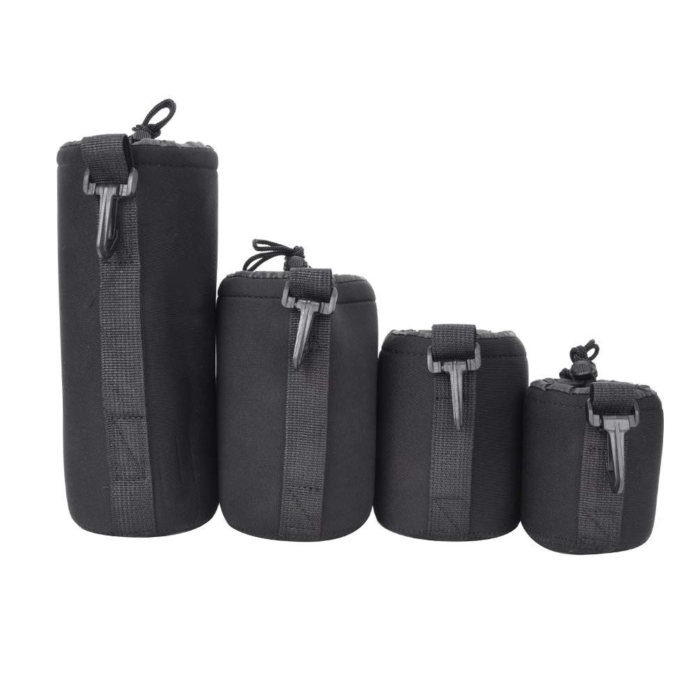 4PCS Lens Storage Bag, Camera Lens Cover with Hook, S M L XL Four Sizes, Soft Fur Lining, Protects from Dust, Scratch, Suitable for DSLR Lens, Easy to Carry