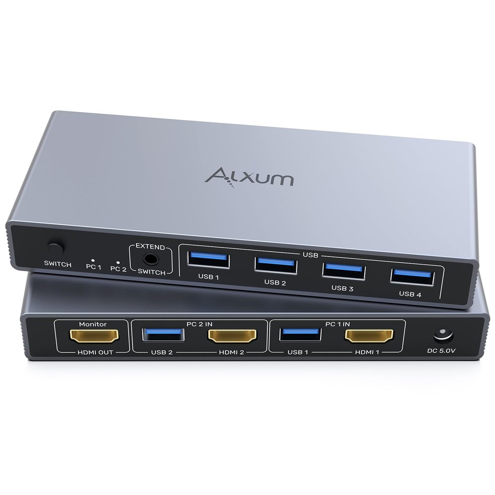 Alxum 2 in 1 Out USB A HDMI KVM Switch-2 Computers 1 Monitor,Two Mode Switching,4K@60Hz,5Gbps High-Speed Transmission,4 USB A for Two Computers Sharing One Monitor,DC5V Adapter and Desktop Controller