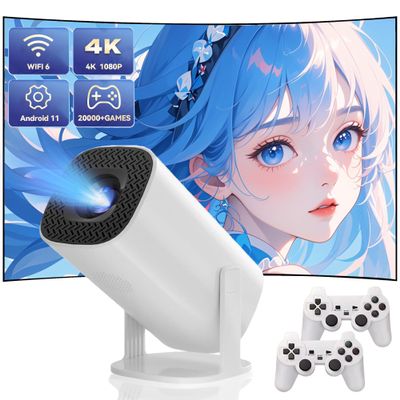 P30 Max Projector and Game With 2 Wireless Controllers, Video Game Console with Retro Games 15000+ Games, 4k Smart Plus HD Auto Keystone Correction Movie Projector with 14 Emulators (P30 MAX-32G)