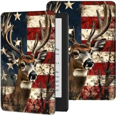 Case for 6" Kindle (11th Generation, 2024/2022 Release) Slim PU Leather Adjustable Multi-Angle Smart Shell Cover with Auto Wake/Sleep for Kindle 2024/2022 11th Gen e-Reader, Deer American Flag