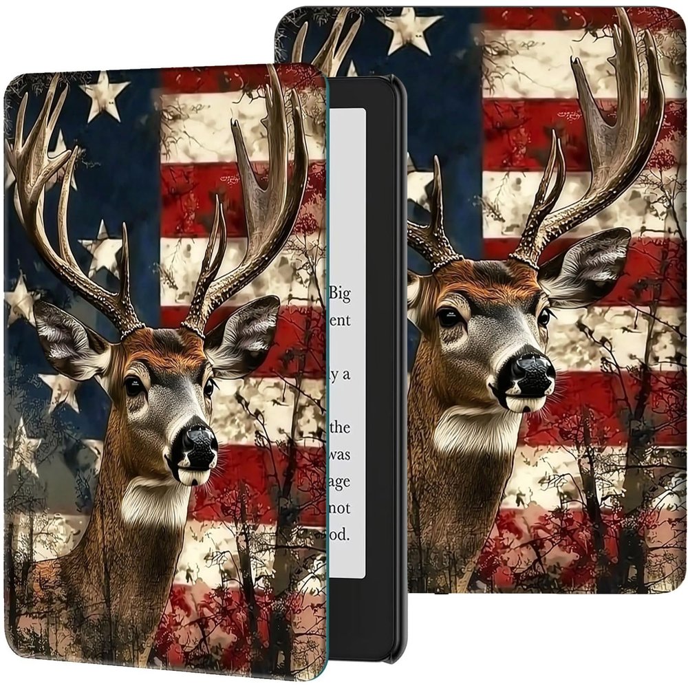 Case for 6" Kindle (11th Generation, 2024/2022 Release) Slim PU Leather Adjustable Multi-Angle Smart Shell Cover with Auto Wake/Sleep for Kindle 2024/2022 11th Gen e-Reader, Deer American Flag