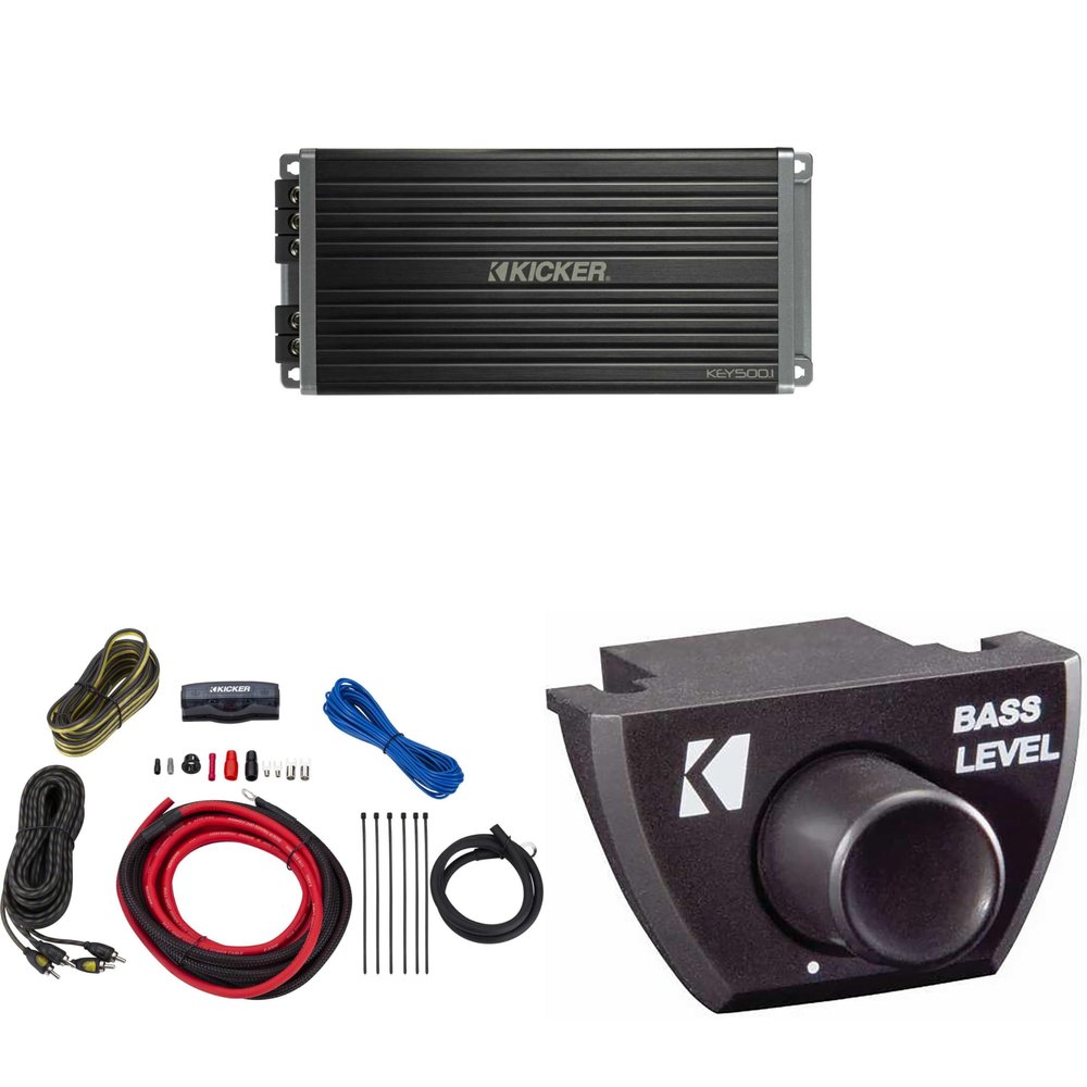 Kicker 47KEY5001 500-Watt Mono Channel Amp with Bass Knob, Amp Kit Bundle