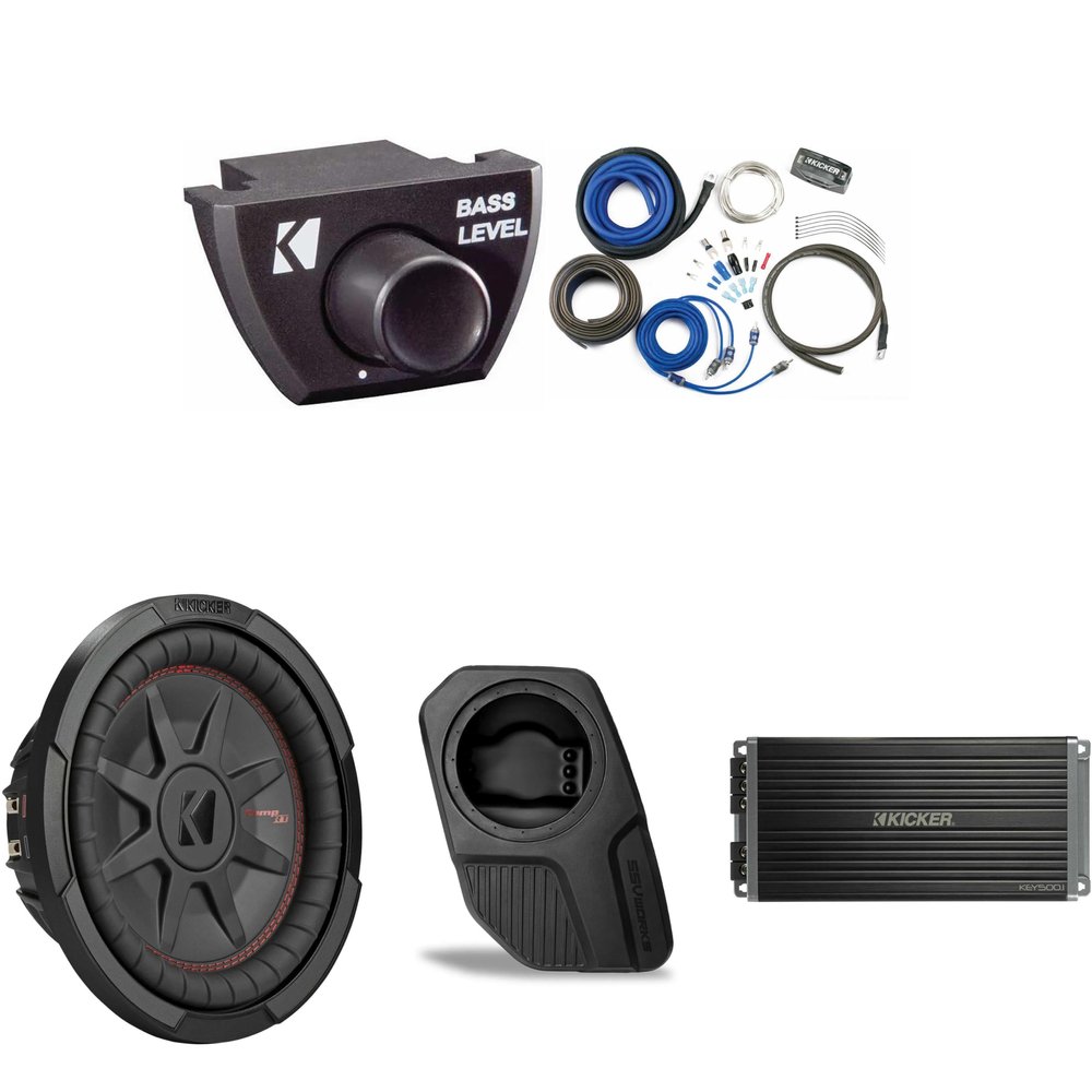 KICKER 48CWRT104 Subwoofer BR-DS10U Add-On & 47KEY5001, Bass Knob, CK8 Amp Kit Bundle Compatible with 2021-2025 Ford Bronco 4-Door Rear Door