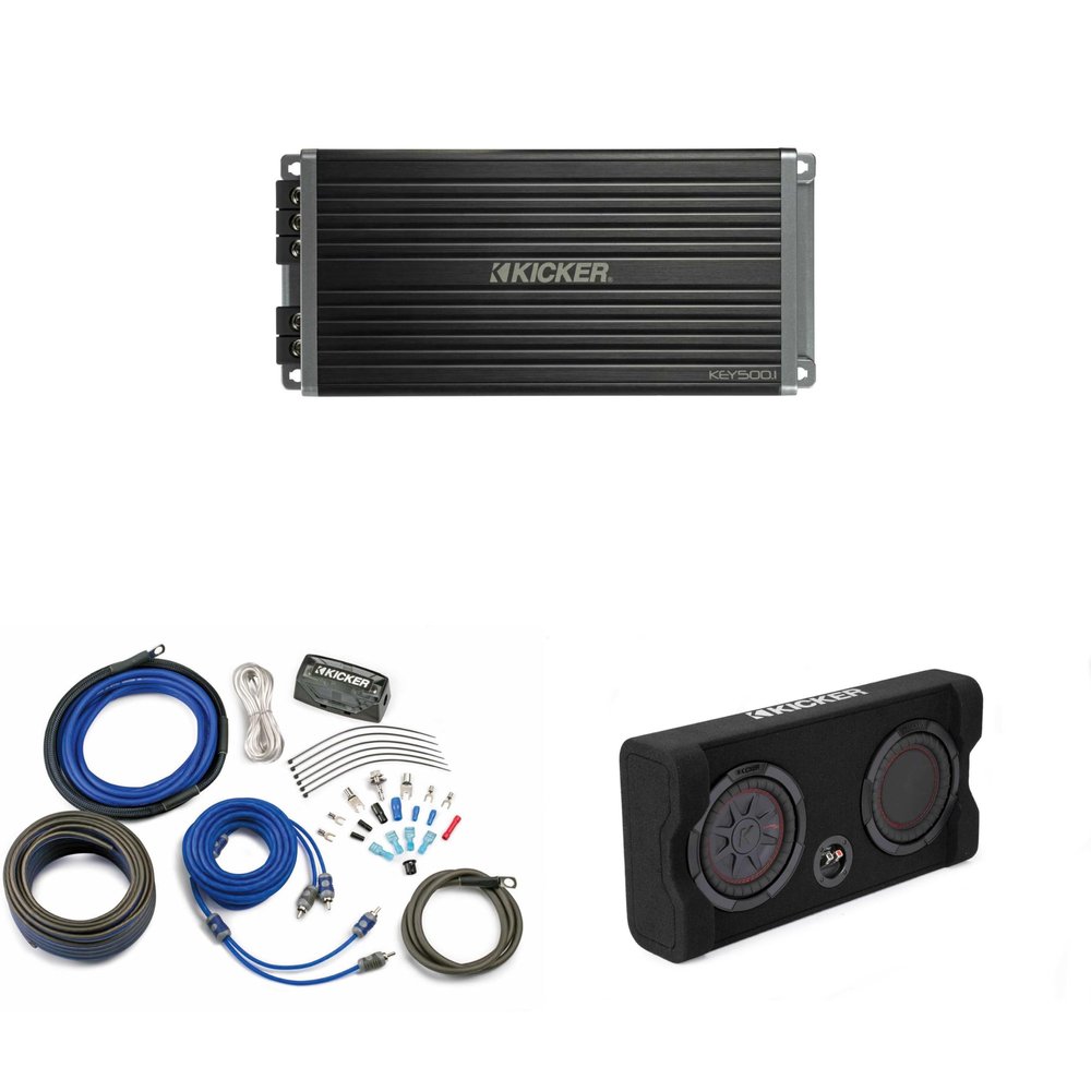 Kicker Comp RT 8 Inch 48TRTP82 Thin Down Firing Enclosure Package with 47KEY5001 Amp & CK4 Amp Install kit Bundle