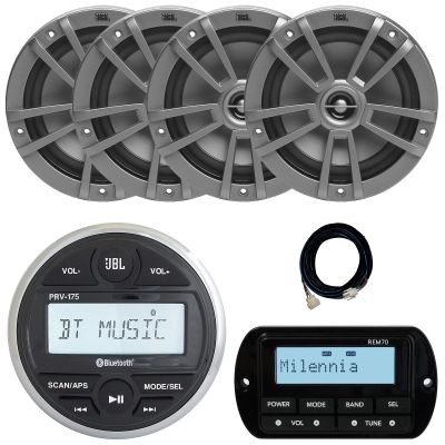 JBL PRV-175 Marine Gauge Hole Mount USB Bluetooth AM/FM Digital Stereo Receiver, Wired Remote, 20-Foot Extension Cable, 4x 6.5" 180 Watt Peak Power 2-Way Multi-Element Boat Gray Speakers