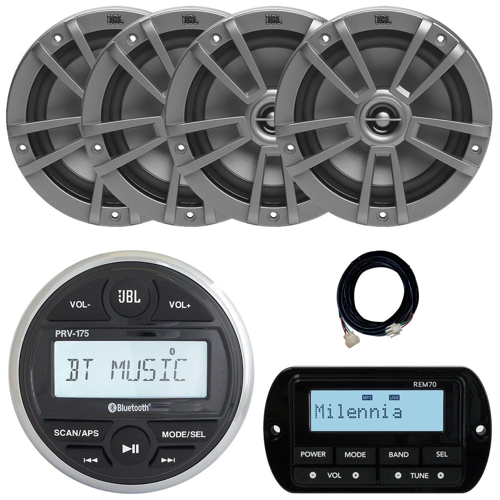 JBL PRV-175 Marine Gauge Hole Mount USB Bluetooth AM/FM Digital Stereo Receiver, Wired Remote, 20-Foot Extension Cable, 4x 6.5" 180 Watt Peak Power 2-Way Multi-Element Boat Gray Speakers
