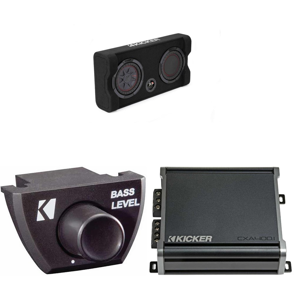 Kicker Comp RT 8 Inch 48TRTP82 Thin Down Firing Enclosure Package with 46CXA4001 Amplifier & Bass Knob Bundle
