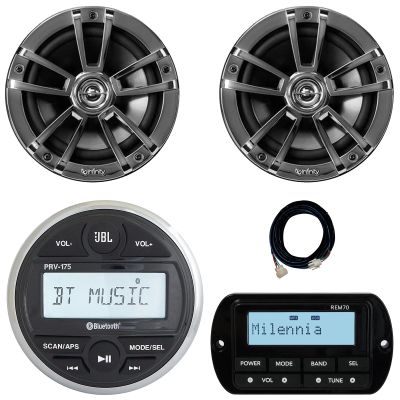 JBL PRV-175 Marine Gauge Hole Mount USB Bluetooth AM/FM Digital Stereo Receiver, Wired Remote, 20-Foot Extension Cable, 2x 6.5" 225 Watt Peak Power 2-Way High-Performance Boat Chrome Speakers