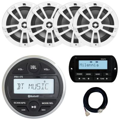 JBL PRV-175 Marine Gauge Hole Mount USB Bluetooth AM/FM Receiver, Wired Remote & 20-foot Extension Cable Bundle Combo Two Pairs (QTY 4) Of 6.5" 180W Max 2-Way Multi-Element Boat White Speakers