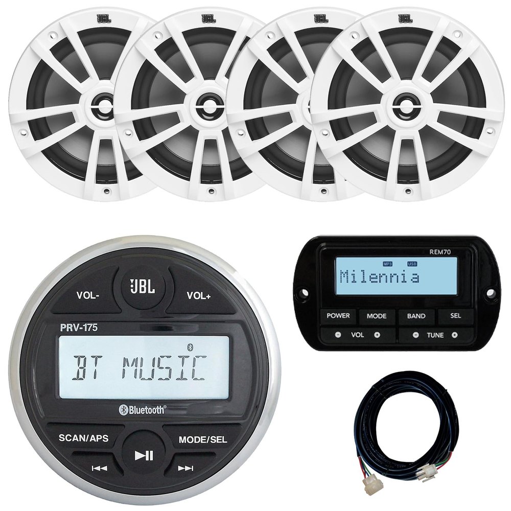 JBL PRV-175 Marine Gauge Hole Mount USB Bluetooth AM/FM Receiver, Wired Remote & 20-foot Extension Cable Bundle Combo Two Pairs (QTY 4) Of 6.5" 180W Max 2-Way Multi-Element Boat White Speakers