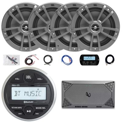 JBL PRV-175 Marine Gauge Hole Mount USB Bluetooth AM/FM Receiver, Wired Remote, 20-Foot Extension Cable, 4X 6.5 180W Max 2-Way Multi-Element Gray Speakers, 4-Channel 1000W Amplifier, Kit