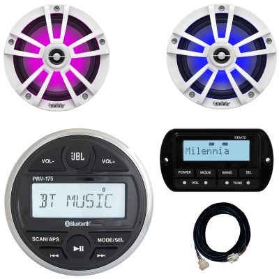 JBL PRV-175 Marine Gauge Hole Mount USB Bluetooth AM/FM Digital Stereo Receiver, Wired Remote & 20-foot Extension Cable Bundle Combo One Pair (QTY 2) Of 6.5" 225W Max Boat RGB LED White Speakers