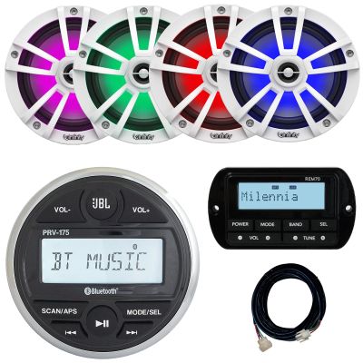 JBL PRV-175 Marine Gauge Hole Mount USB Bluetooth AM/FM Digital Stereo Receiver, Wired Remote & 20-foot Extension Cable Bundle Combo Two Pairs (QTY 4) Of 6.5" 225W Max Boat RGB LED White Speakers
