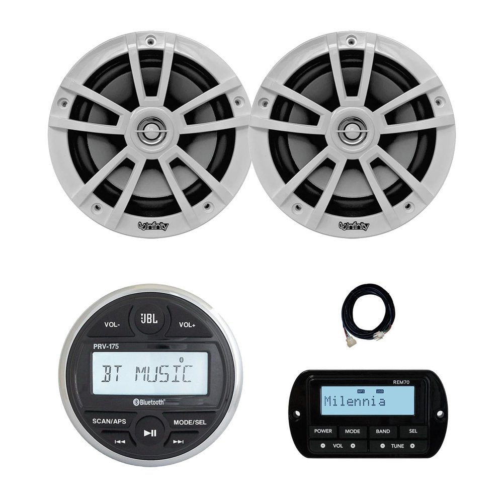 JBL PRV-175 Marine Gauge Hole Mount USB Bluetooth AM/FM Receiver, Wired Remote, 20 ft Extension Cable, 2x 6.5" 225 Watt Max Power High-Performance 2-Way Boat Audio Speakers (White)