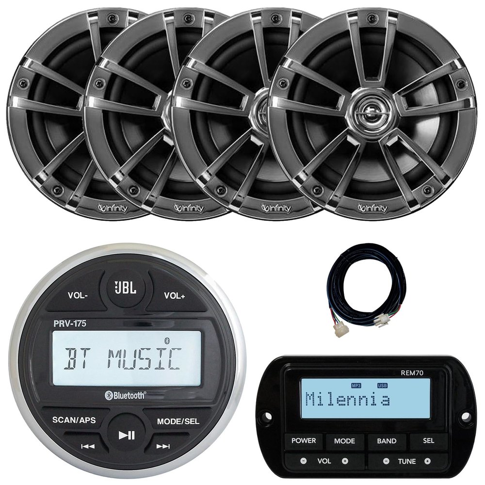 JBL PRV-175 Marine Gauge Hole Mount USB Bluetooth AM/FM Digital Stereo Receiver, Wired Remote, 20-Foot Extension Cable, 4x 6.5" 225 Watt Peak Power 2-Way High-Performance Boat Chrome Speakers
