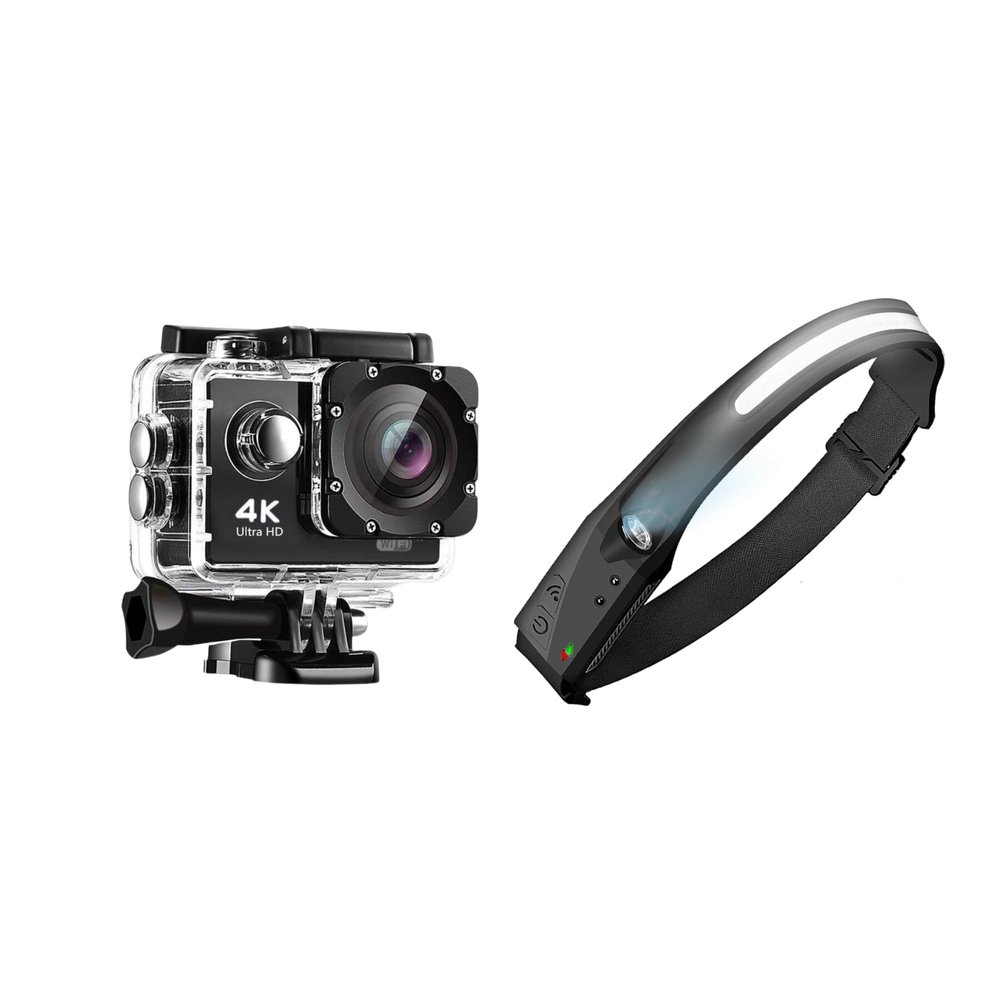 Pro Xtreme 4K Action Camera - Ultra HD Waterproof Camera Video Camera with Wi-Fi, 170 Wide Angle Lens and Tactical Headlight - 230 Wide Beam LED Tactical Headlamp, Rechargeable USB-C Headlight with