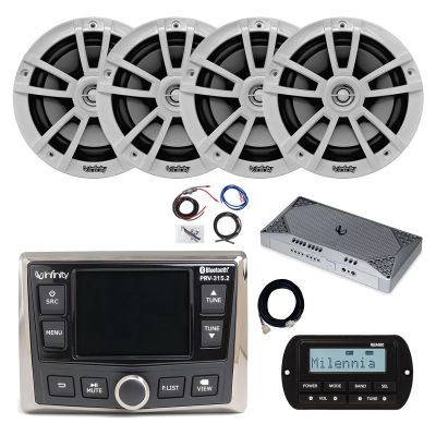 Infinity PRV-315.2 Marine Gauge Hole Mount USB Bluetooth AM/FM/WB Radio Receiver, Remote, Extension Cable, Amplifier w/Kit, 4x 6.5" 225 Watt Max 2-Way High-Performance Boat Audio Speakers (White)
