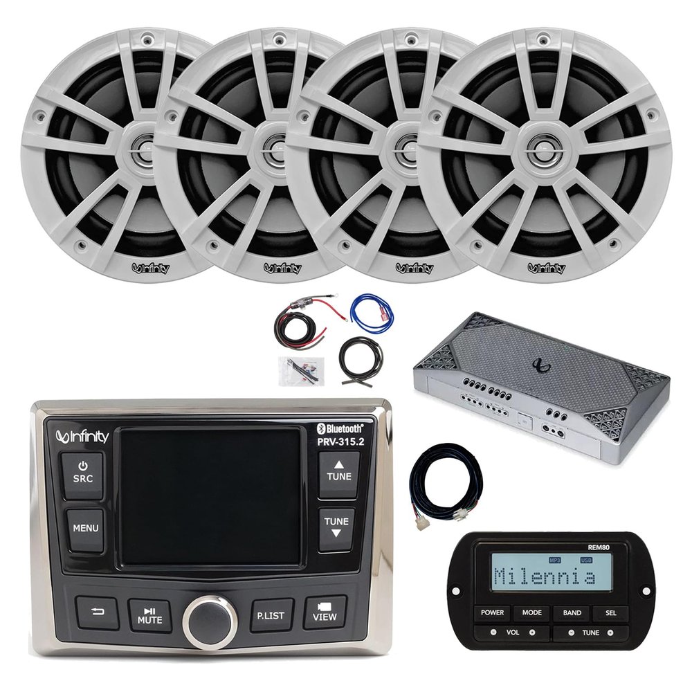 Infinity PRV-315.2 Marine Gauge Hole Mount USB Bluetooth AM/FM/WB Radio Receiver, Remote, Extension Cable, Amplifier w/Kit, 4x 6.5" 225 Watt Max 2-Way High-Performance Boat Audio Speakers (White)