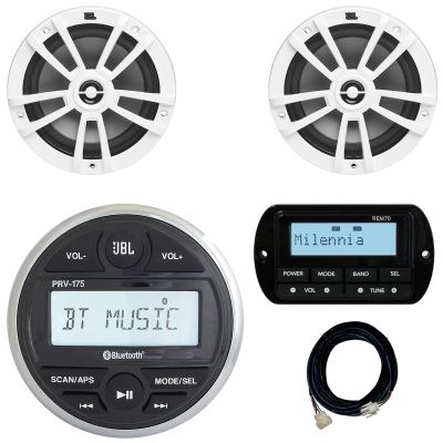 JBL PRV-175 Marine Gauge Hole Mount USB Bluetooth AM/FM Receiver, Wired Remote & 20-foot Extension Cable Bundle Combo One Pair (QTY 2) Of 6.5" 180W Max 2-Way Multi-Element Boat White Speakers
