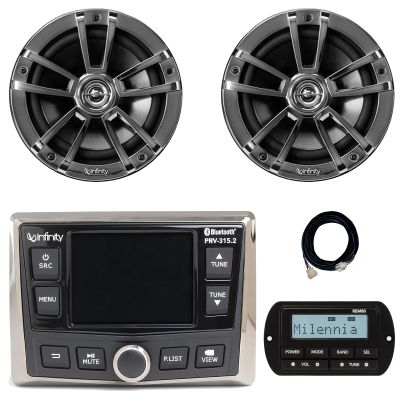 Infinity PRV-315.2 Marine Gauge Hole Mount USB Bluetooth AM/FM/WB Radio Receiver, Wired Remote W/ 20-Foot Extension Cable, 2x 6.5" 225W Max Power 2-Way High-Performance Boat Chrome Speakers