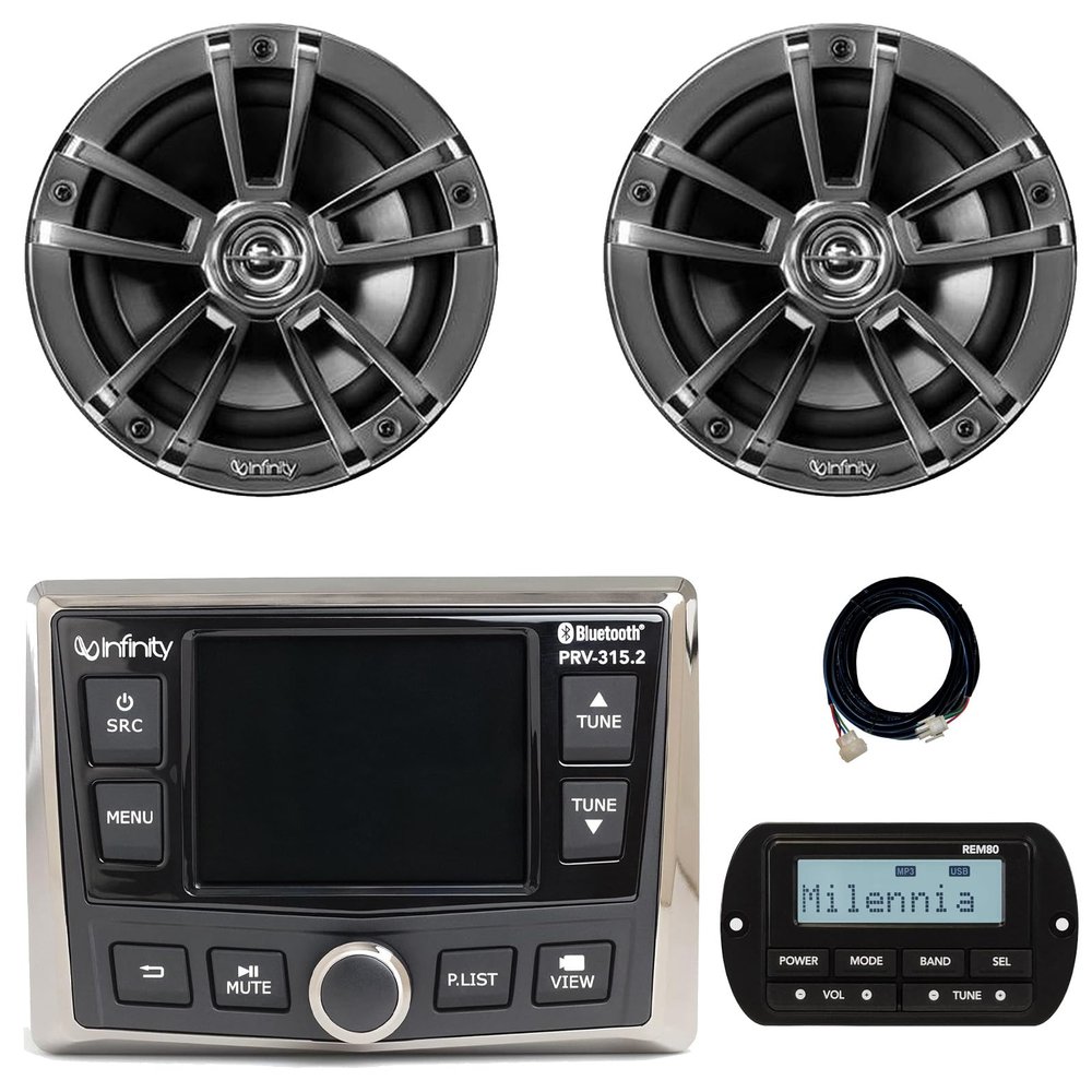Infinity PRV-315.2 Marine Gauge Hole Mount USB Bluetooth AM/FM/WB Radio Receiver, Wired Remote W/ 20-Foot Extension Cable, 2x 6.5" 225W Max Power 2-Way High-Performance Boat Chrome Speakers