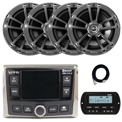 Infinity PRV-315.2 Marine Gauge Hole Mount USB Bluetooth AM/FM/WB Radio Receiver, Wired Remote W/ 20-Foot Extension Cable, 4x 6.5" 225W Max Power 2-Way High-Performance Boat Chrome Speakers