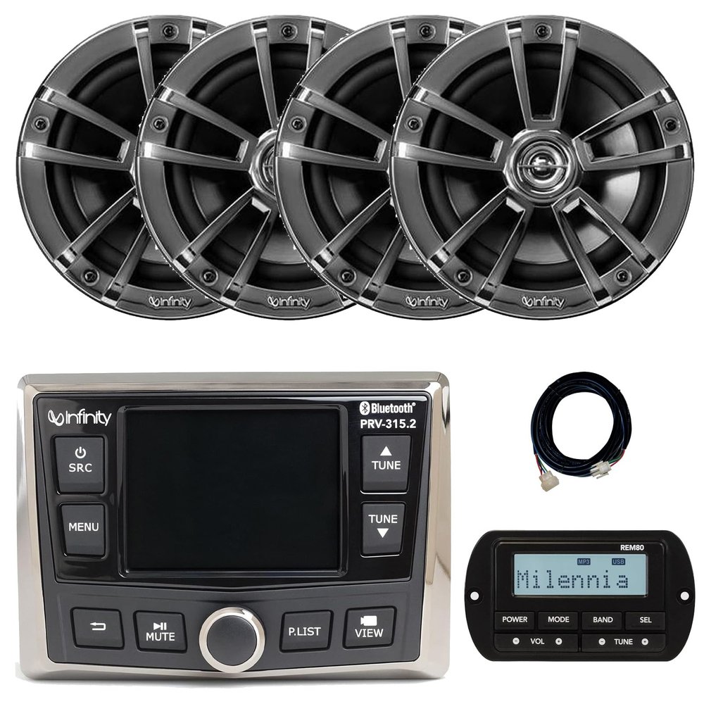 Infinity PRV-315.2 Marine Gauge Hole Mount USB Bluetooth AM/FM/WB Radio Receiver, Wired Remote W/ 20-Foot Extension Cable, 4x 6.5" 225W Max Power 2-Way High-Performance Boat Chrome Speakers