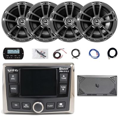Infinity PRV-315.2 Marine Gauge Hole Mount USB Bluetooth AM/FM/WB Radio Receiver, Wired Remote & 20-foot Extension Cable, 4x 6.5" 225W High-Performance Chrome Speakers, 4-Channel Amplifier W/Kit