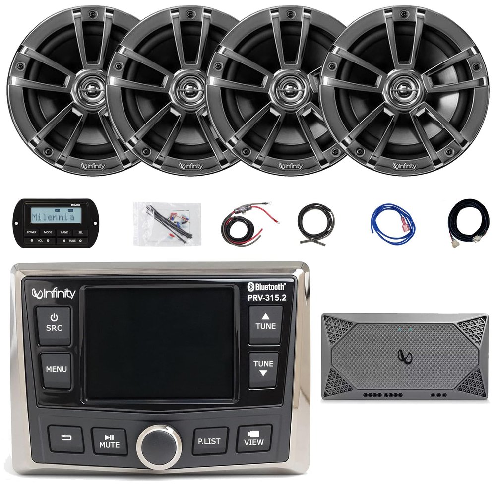 Infinity PRV-315.2 Marine Gauge Hole Mount USB Bluetooth AM/FM/WB Radio Receiver, Wired Remote & 20-foot Extension Cable, 4x 6.5" 225W High-Performance Chrome Speakers, 4-Channel Amplifier W/Kit