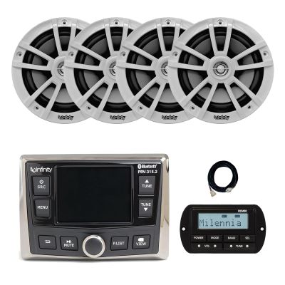 Infinity PRV-315.2 Marine Gauge Hole Mount USB Bluetooth AM/FM/WB Radio Receiver, Wired Remote, 20 ft Extension Cable, 4x 6.5" 225 Watt Max Power High-Performance 2-Way Boat Audio Speakers (White)