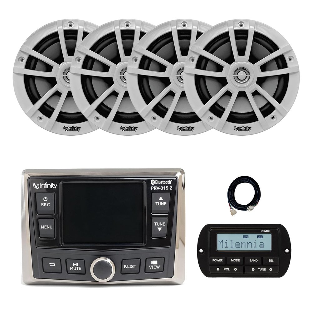 Infinity PRV-315.2 Marine Gauge Hole Mount USB Bluetooth AM/FM/WB Radio Receiver, Wired Remote, 20 ft Extension Cable, 4x 6.5" 225 Watt Max Power High-Performance 2-Way Boat Audio Speakers (White)