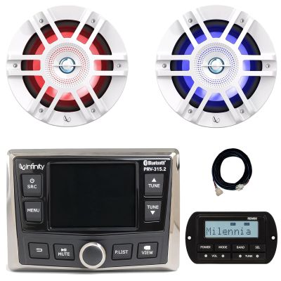 Infinity PRV-315.2 Marine Gauge Hole Mount USB Bluetooth AM/FM/WB Radio Receiver, Wired Remote W/ 20-Foot Extension Cable, 2x 6.5" 300 Watt Peak Power 2-Way Coaxial RGB LED Boat White Speakers