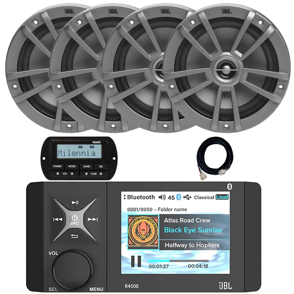 4" Color LCD Display Marine USB/AUX Bluetooth AM/FM/WB Stereo Receiver, Wired Remote W/ 20-Foot Extension Cable, 4x 6.5" 180W Max 2-Way Multi-Element Boat Gray Speakers