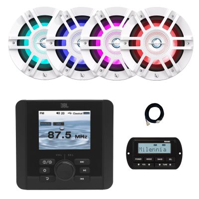 JBL JAM5000N Marine Gauge Hole Mount USB Bluetooth AM/FM/WeatherBand Radio Receiver with Wired Remote, Extension Cable, 4x 6.5" 300 Watt Peak 2-Way Multicolor LED Boat Audio Speakers (White)