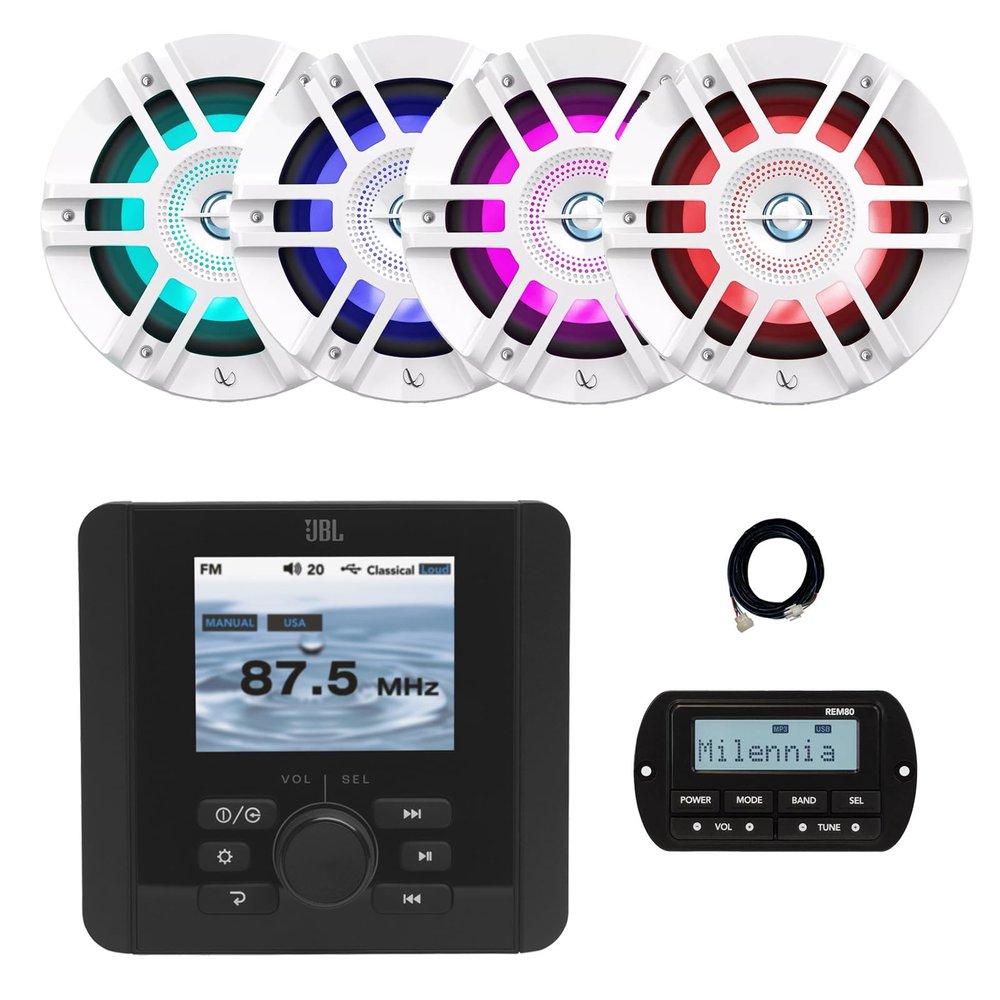 JBL JAM5000N Marine Gauge Hole Mount USB Bluetooth AM/FM/WeatherBand Radio Receiver with Wired Remote, Extension Cable, 4x 6.5" 300 Watt Peak 2-Way Multicolor LED Boat Audio Speakers (White)