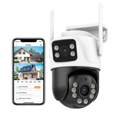 6MP Security Camera Outdoor, 360PTZ Surveillance System, Dual Lens Security Camera 2.4Ghz 24/7 Record IP66 WiFi Camera for Home Security with Motion Detection, Color Night Vision,Two-Way AudioWhite