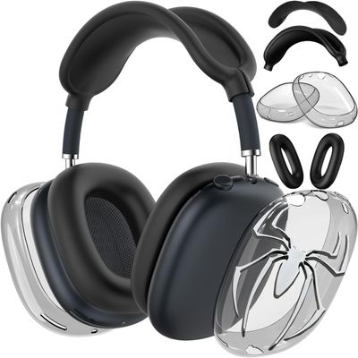 [4 in 1] Case Cover for AirPods Max Headphones (2024/2020) Ear Pad Case Cover/Headband Cover/Ear Cups with 3D Spider Chrome Emblems Badges for Apple AirPods Max Headphones (Black Case Sets)